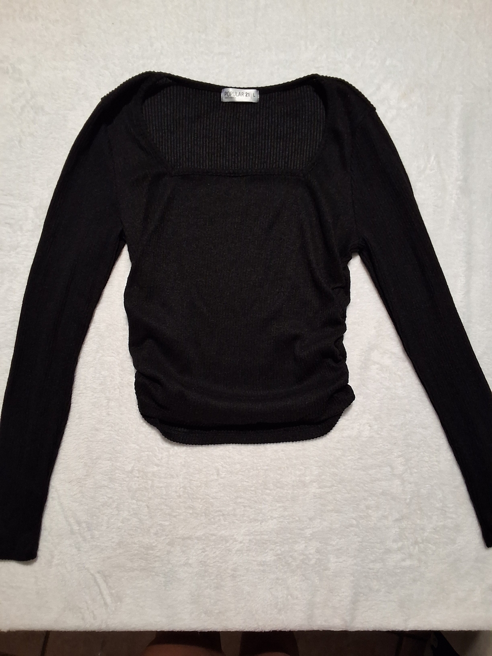 Black Ribbed Square Neck Long Sleeve Top
